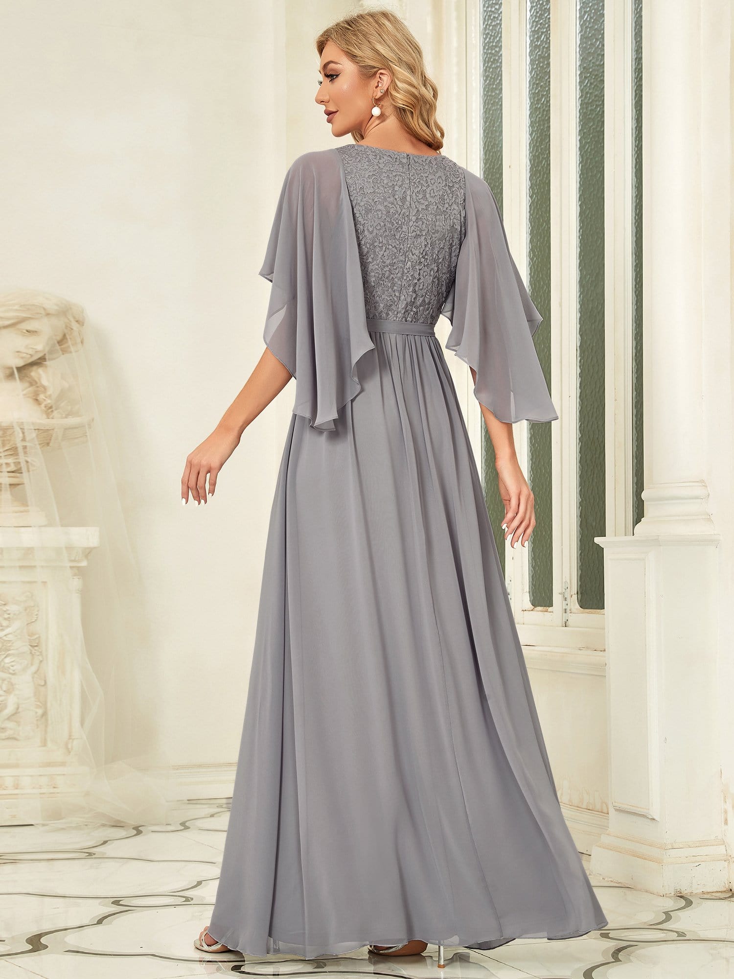 Taille personnalisée Robe de soirée élégante en mousseline à col en V profond #Couleur_Gris