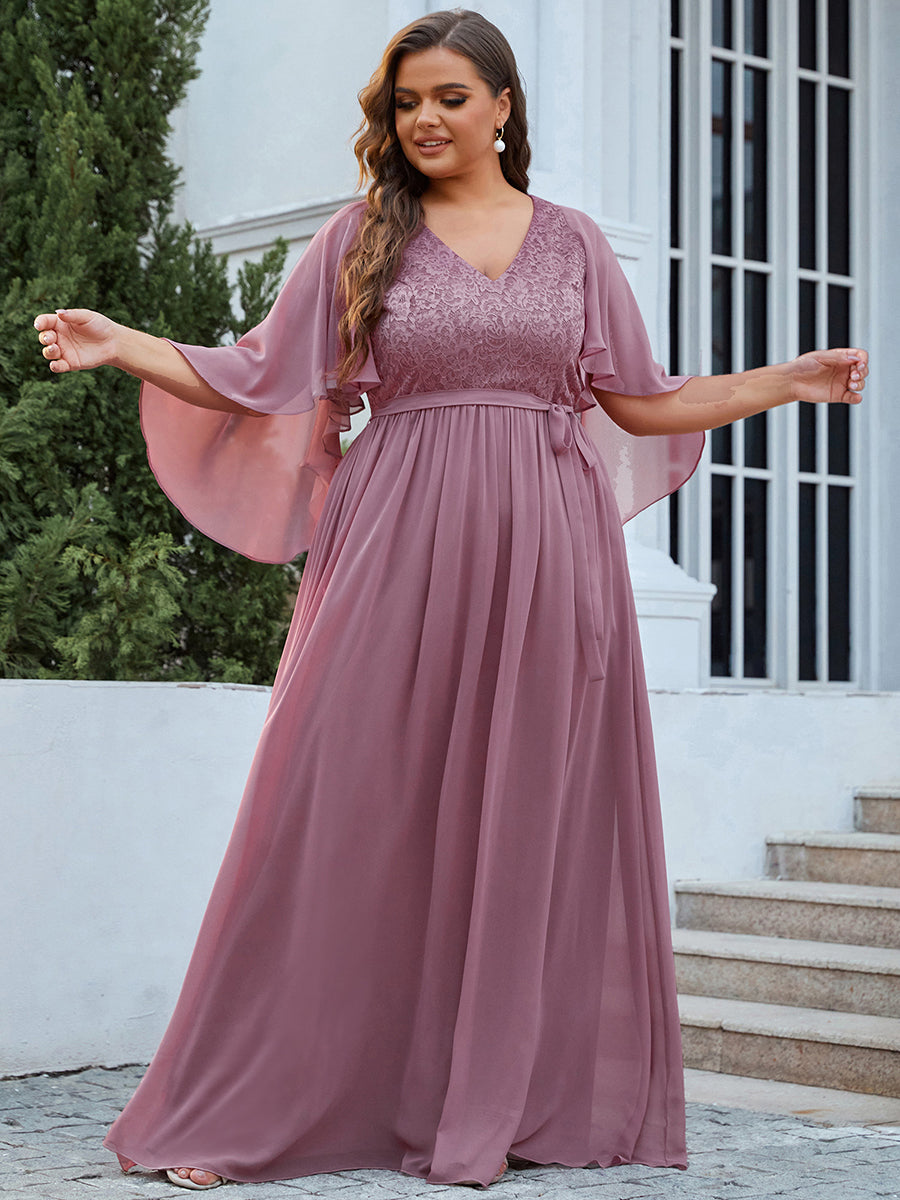 Robe de Soirée Grande Taille à Col en V Profond avec Dentelle #Couleur_Orchidee