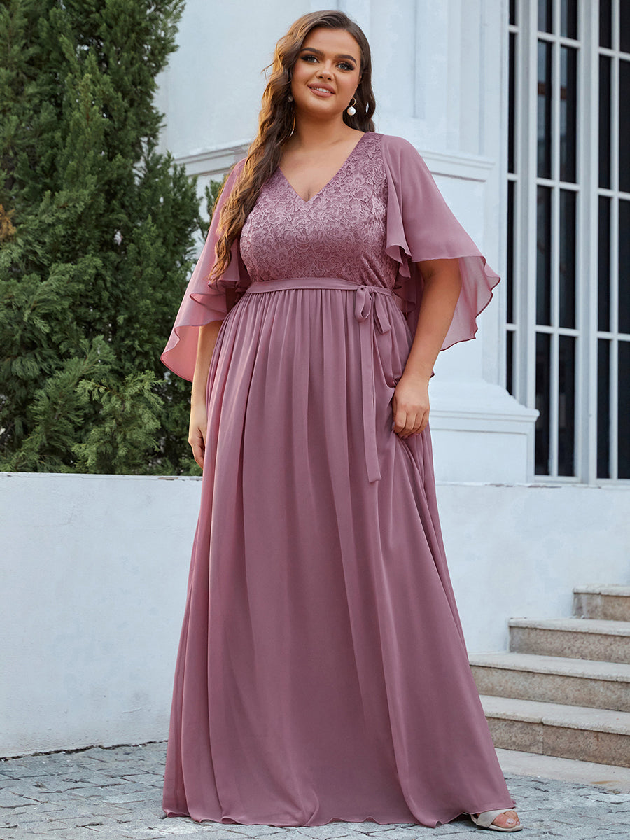 Robe de Soirée Grande Taille à Col en V Profond avec Dentelle #Couleur_Orchidee