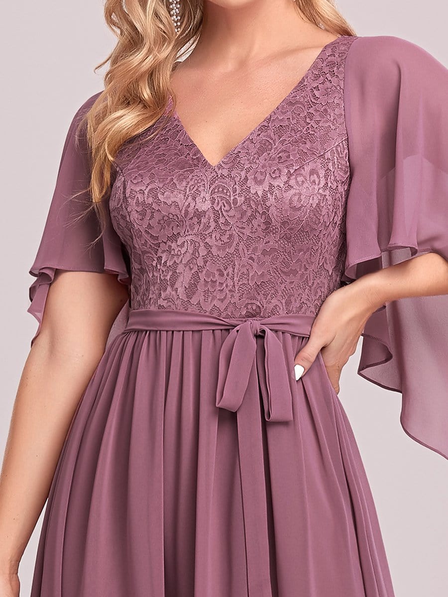 Taille personnalisée Robe de soirée élégante en mousseline à col en V profond #Couleur_Orchidee