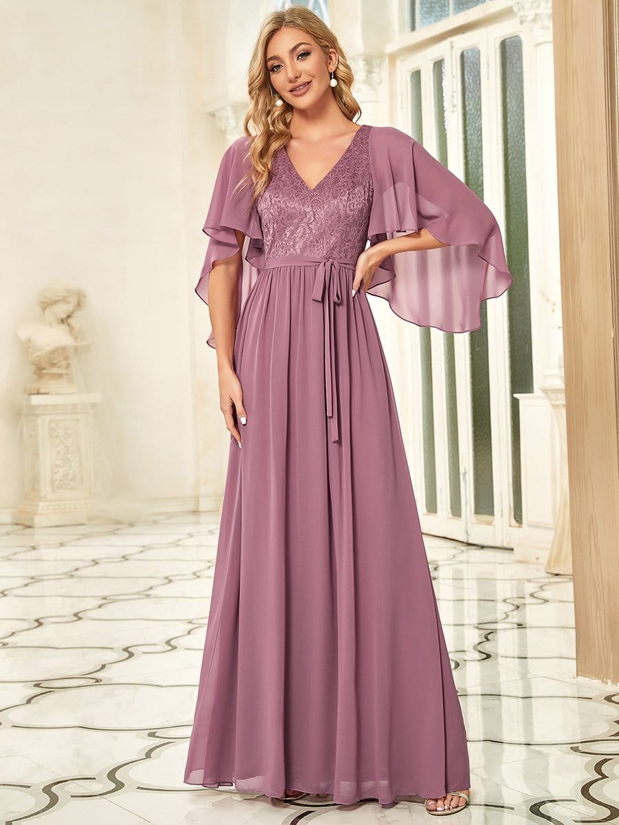 Taille personnalisée Robe de soirée élégante en mousseline à col en V profond #Couleur_Orchidee