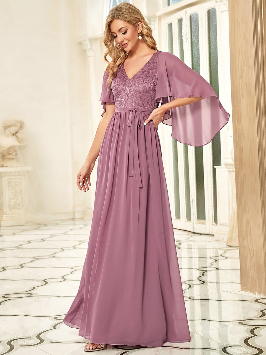 Robe de soirée élégante en mousseline de soie à col en V profond #Couleur_Orchidee