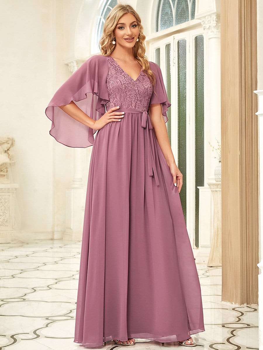 Robe de soirée élégante en mousseline de soie à col en V profond #Couleur_Orchidee