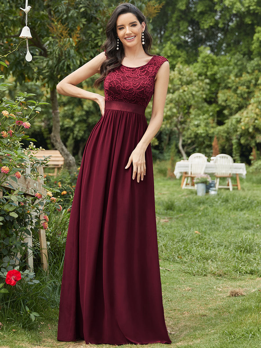 Taille personnalisée robe de demoiselle d'honneur classique à col rond et dos en dentelle #couleur_Bordeaux