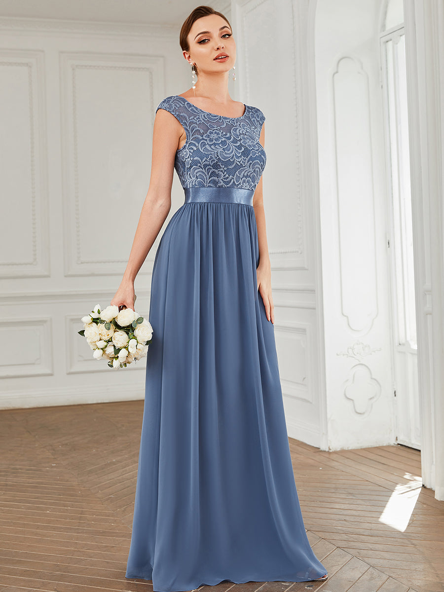 Robe de demoiselle d'honneur longue en dentelle sans manches #Couleur_Marine Fume