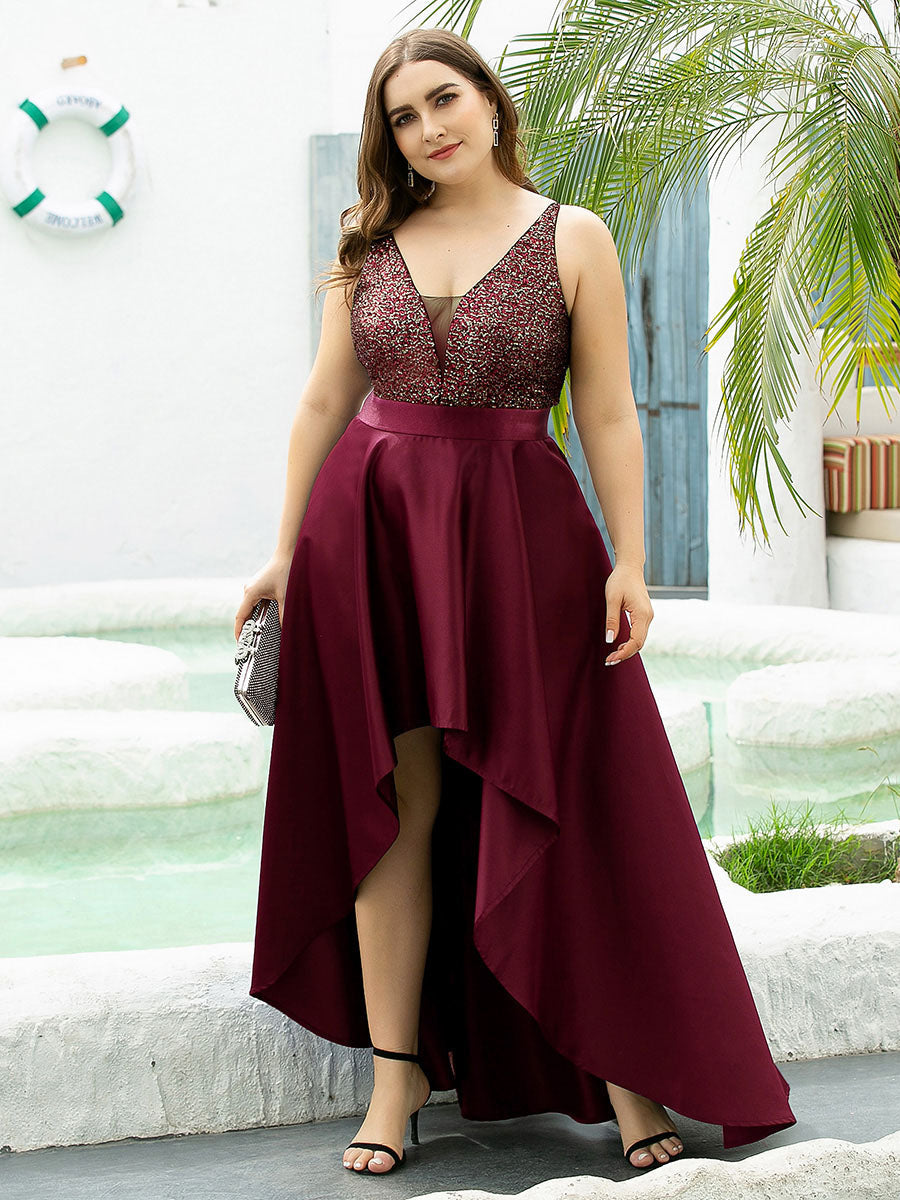 Robe de Bal Grande Taille Scintillante Sexy avec Dos Nu et Ourlet Irrégulier #Couleur_Bordeaux