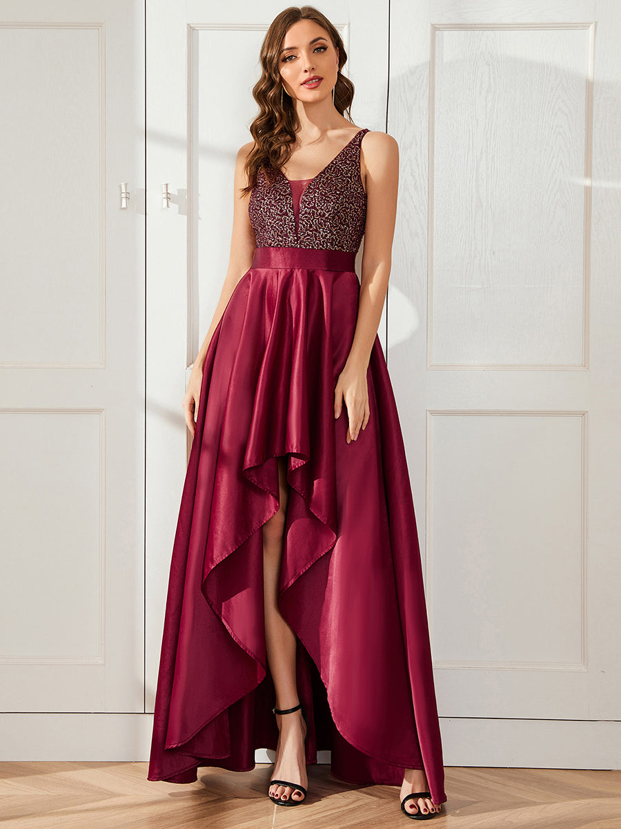 Robe de Bal Scintillante Sexy avec Dos Nu et Ourlet Irrégulier #Couleur_Bordeaux