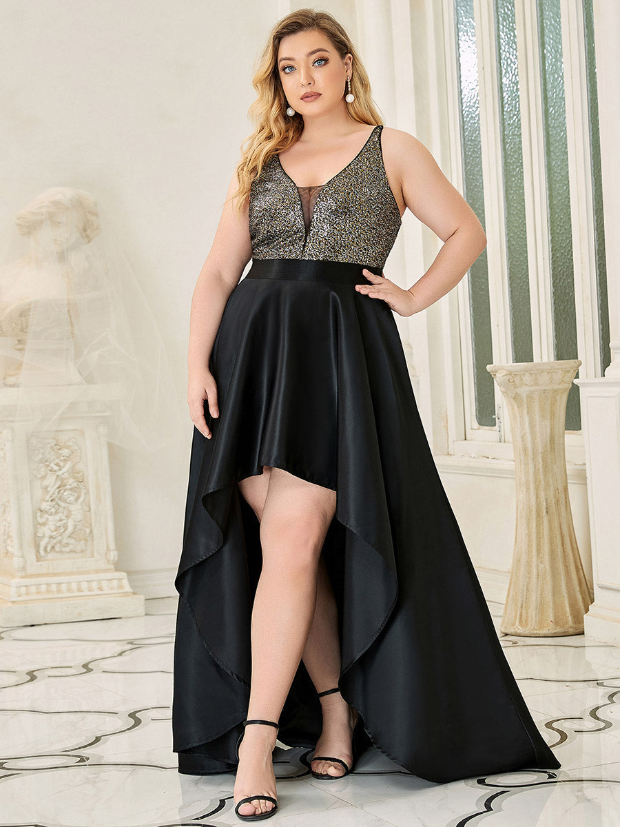 Robe de Bal Grande Taille Scintillante Sexy avec Dos Nu et Ourlet Irrégulier #Couleur_Noir