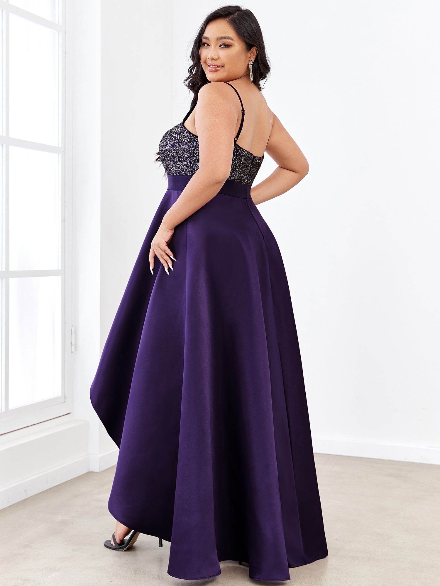 Robe de Bal Grande Taille Scintillante Sexy avec Dos Nu et Ourlet Irrégulier #Couleur_Violet Fonce