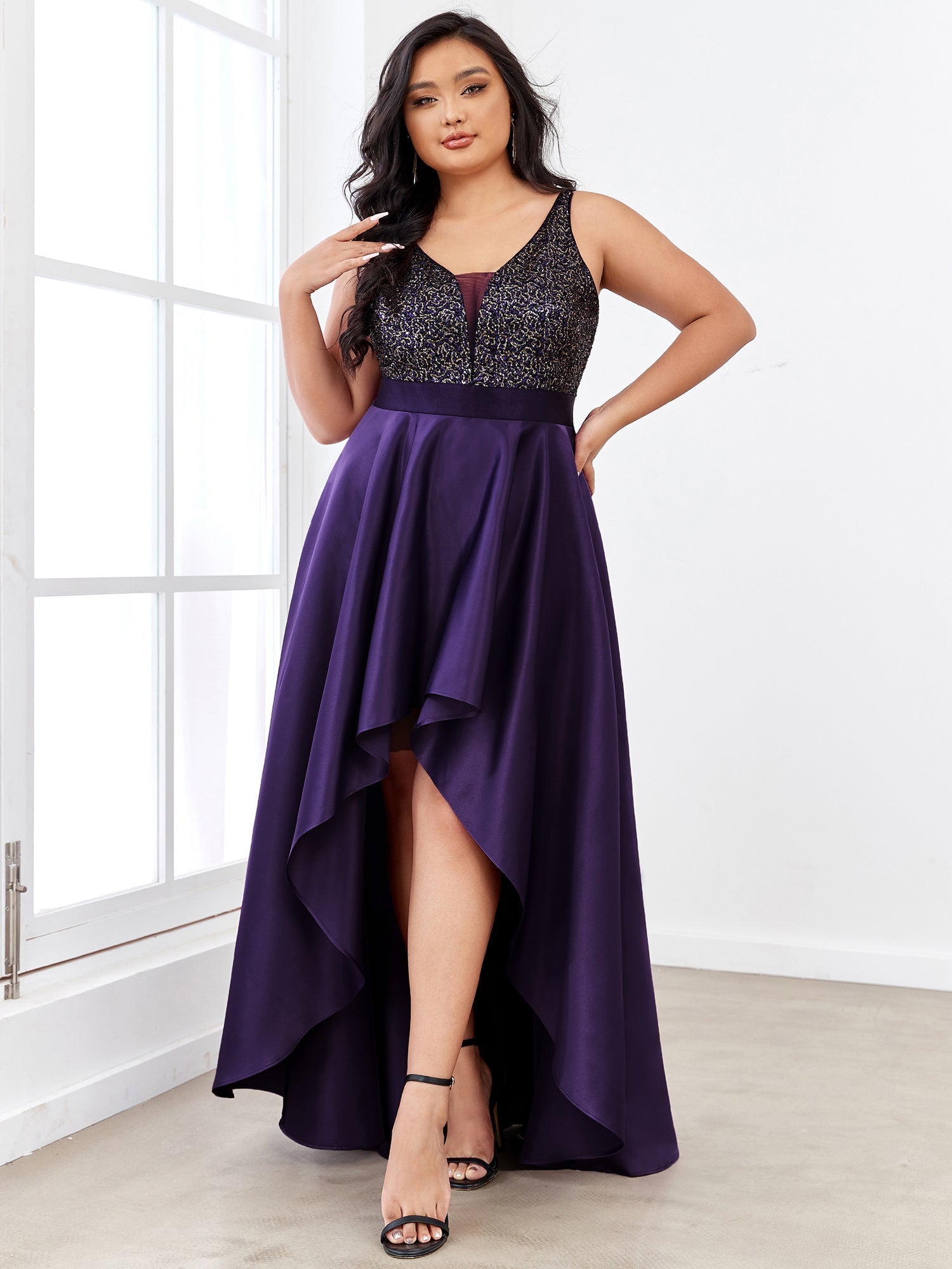 Robe de Bal Grande Taille Scintillante Sexy avec Dos Nu et Ourlet Irrégulier #Couleur_Violet Fonce