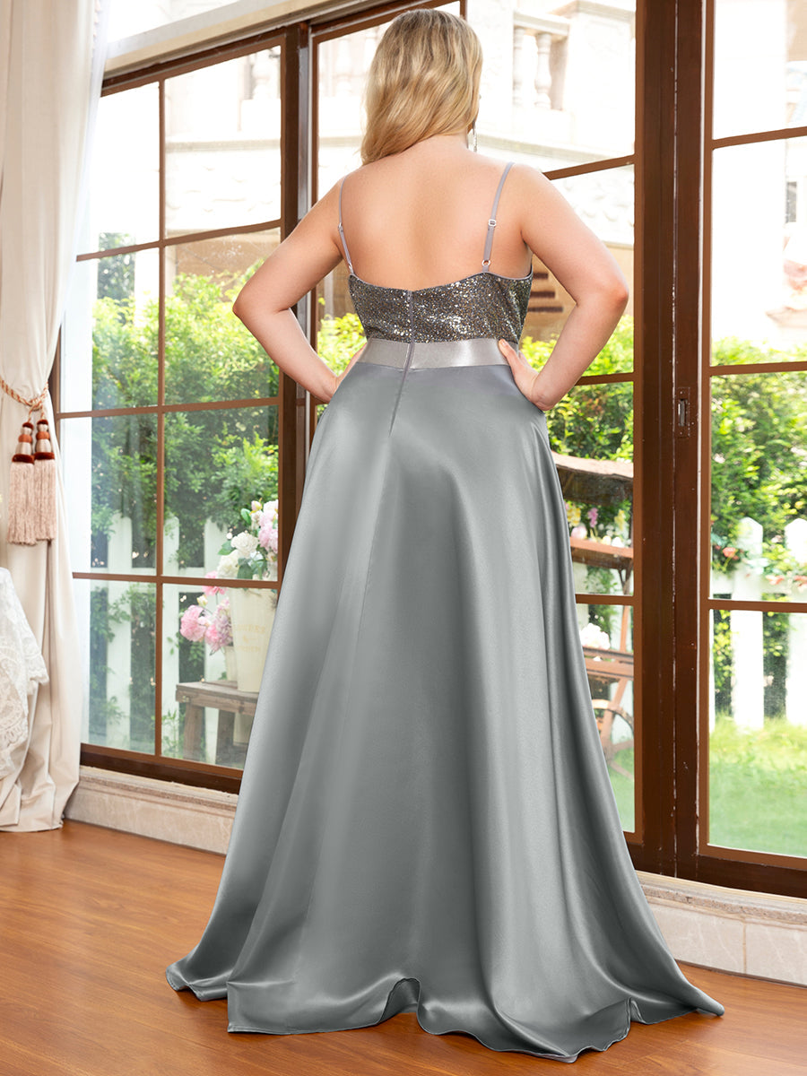 Robe de Bal Grande Taille Scintillante Sexy avec Dos Nu et Ourlet Irrégulier #Couleur_Gris