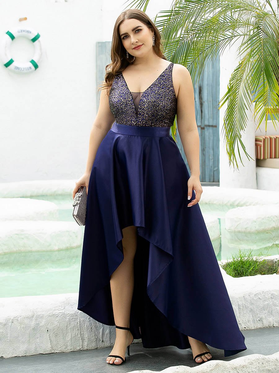 Robe de Bal Grande Taille Scintillante Sexy avec Dos Nu et Ourlet Irrégulier #Couleur_Bleu Marine