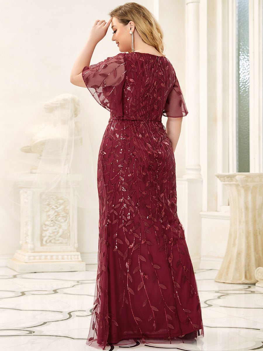 Robe de Soirée Longue Sirène à Pailletée à Col en V Profond #Couleur_Bordeaux