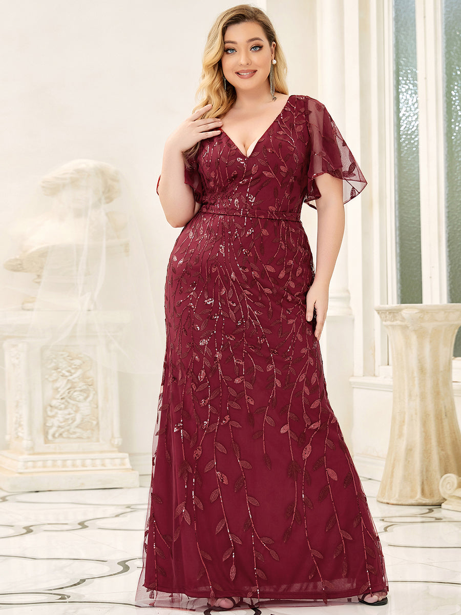 Robe de Soirée Longue Sirène à Pailletée à Col en V Profond #Couleur_Bordeaux