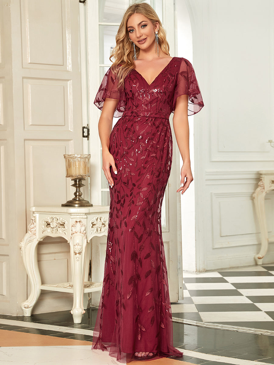 Robe de Soirée Longue Sirène à Pailletée à Col en V Profond #Couleur_Bordeaux