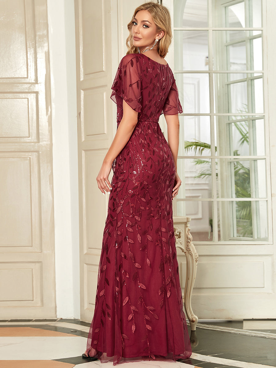 Robe de Soirée Longue Sirène à Pailletée à Col en V Profond #Couleur_Bordeaux