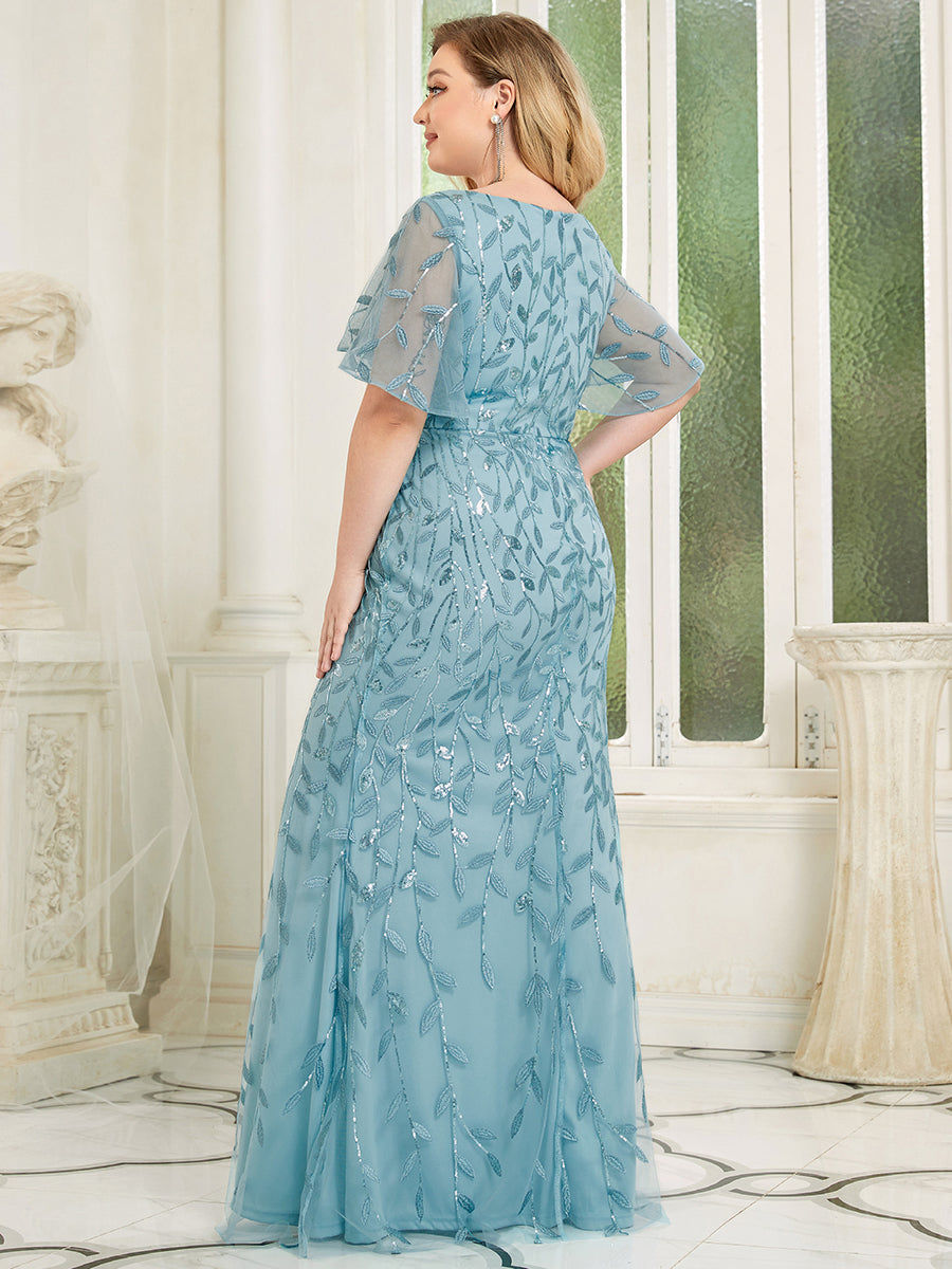 Robe de Soirée Longue Sirène à Pailletée à Col en V Profond #Couleur_Bleu Fume