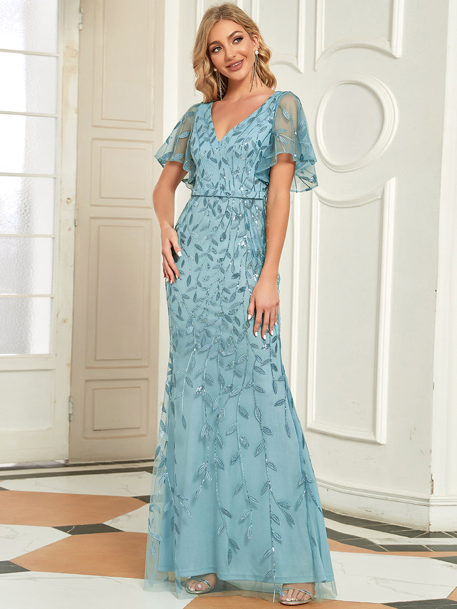 Robe de Soirée Longue Sirène à Pailletée à Col en V Profond #Couleur_Bleu Fume