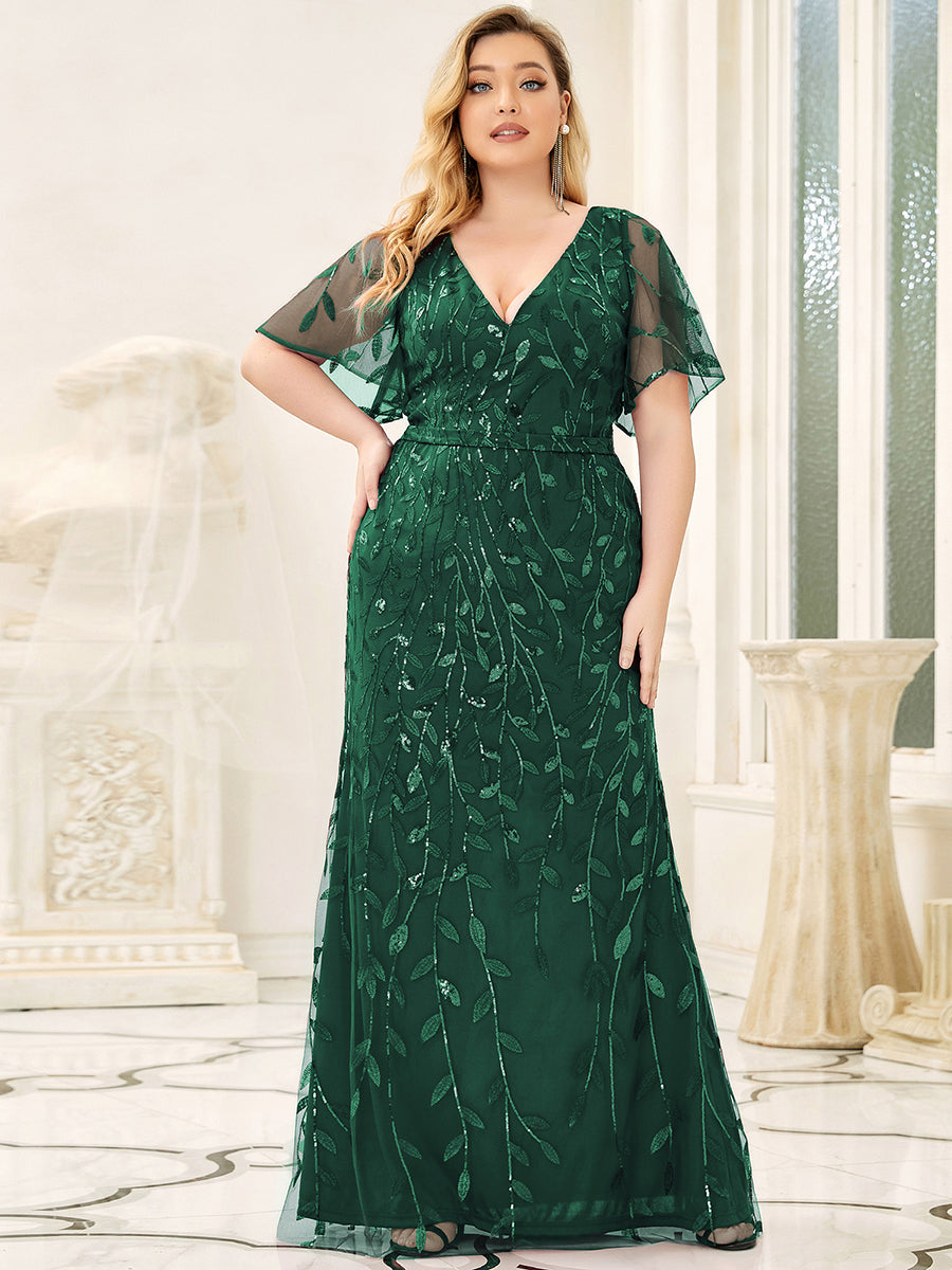 Robe de Soirée Longue Sirène à Pailletée à Col en V Profond #Couleur_Vert Fonce