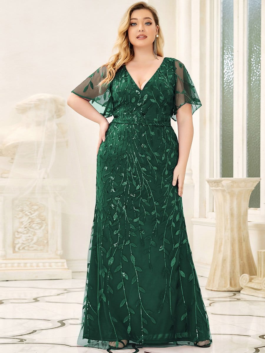 Robe de Soirée Longue Grande Taille Sirène à Pailletée à Col en V #Couleur_Vert Fonce