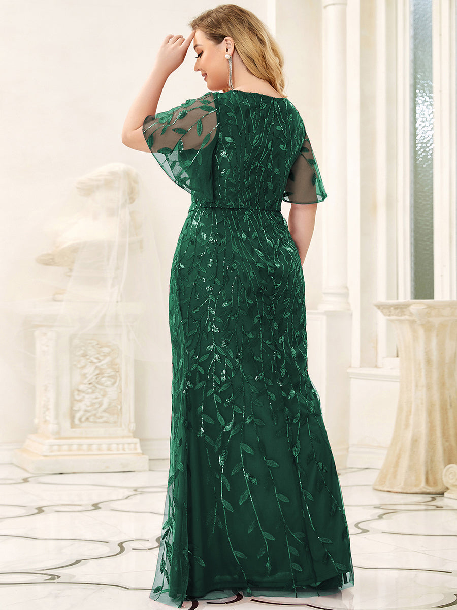 Robe de Soirée Longue Sirène à Pailletée à Col en V Profond #Couleur_Vert Fonce