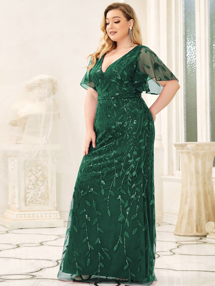 Robe de Soirée Longue Grande Taille Sirène à Pailletée à Col en V #Couleur_Vert Fonce