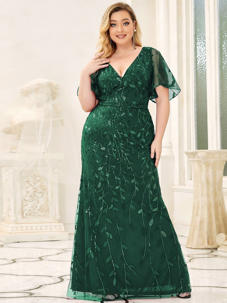 Robe de Soirée Longue Grande Taille Sirène à Pailletée à Col en V #Couleur_Vert Fonce