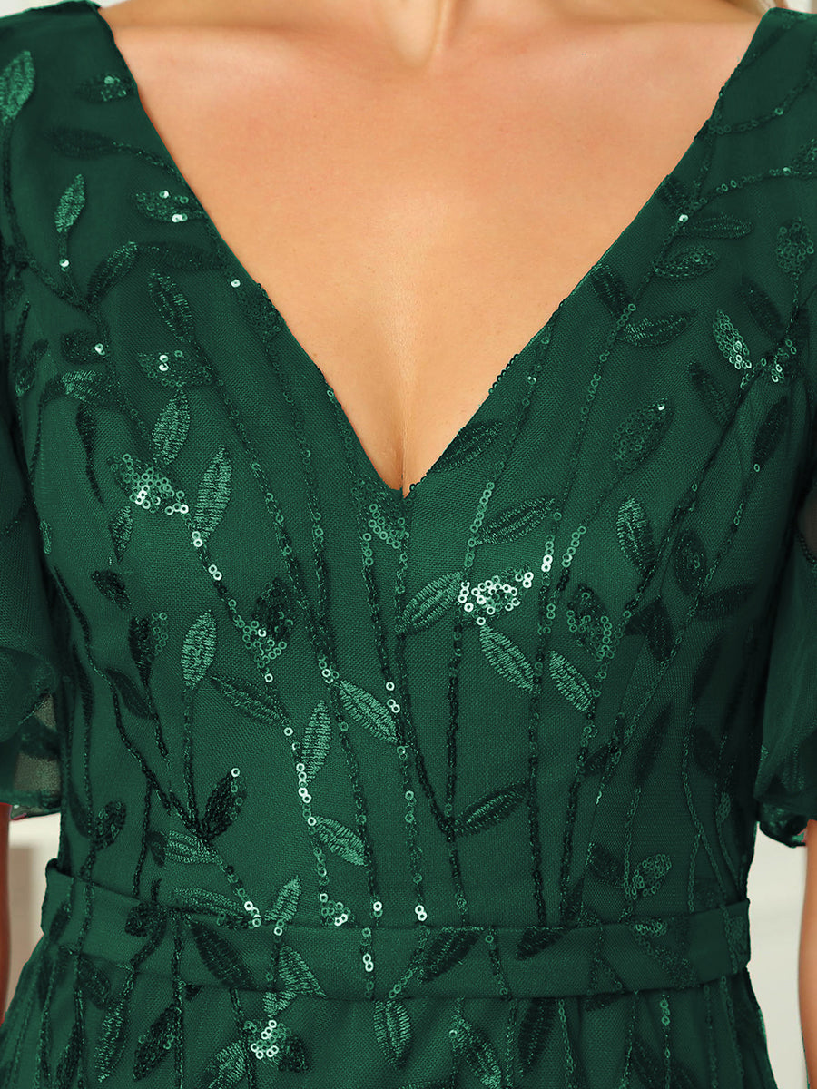 Robe de Soirée Longue Sirène à Pailletée à Col en V Profond #Couleur_Vert Fonce