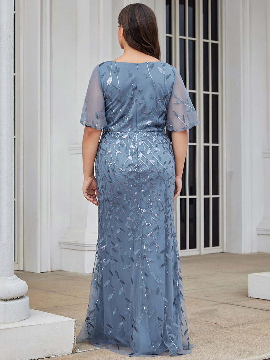 Robe de Soirée Longue Sirène à Pailletée à Col en V Profond #Couleur_Marine Fume