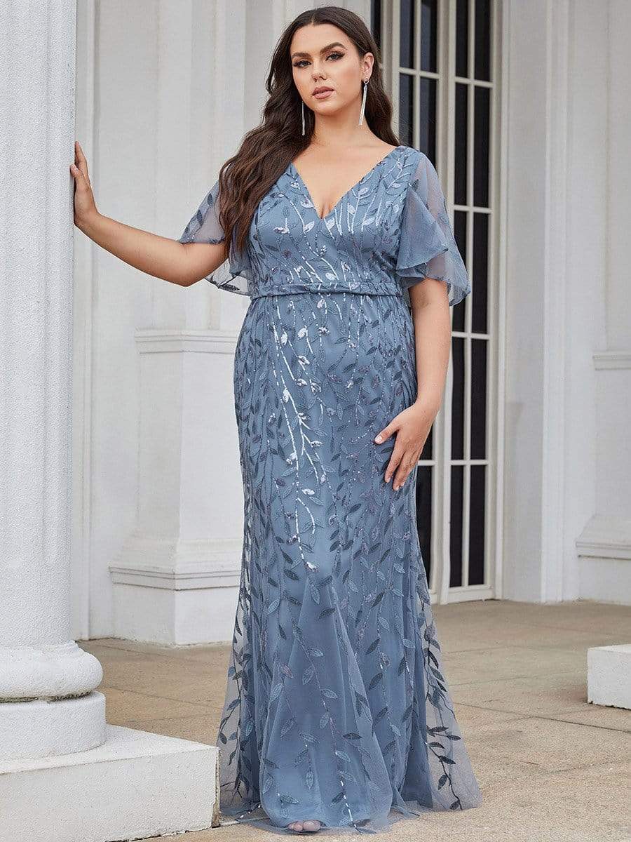 Robe de Soirée Longue Grande Taille Sirène à Pailletée à Col en V #Couleur_Marine Fume