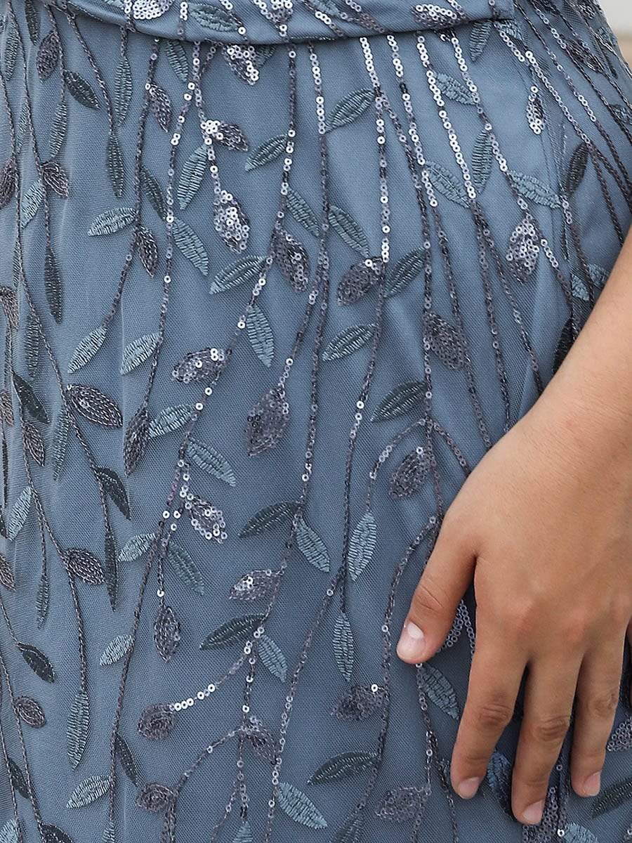 Robe de Soirée Longue Grande Taille Sirène à Pailletée à Col en V #Couleur_Marine Fume