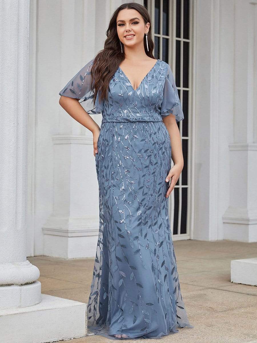 Robe de Soirée Longue Grande Taille Sirène à Pailletée à Col en V #Couleur_Marine Fume