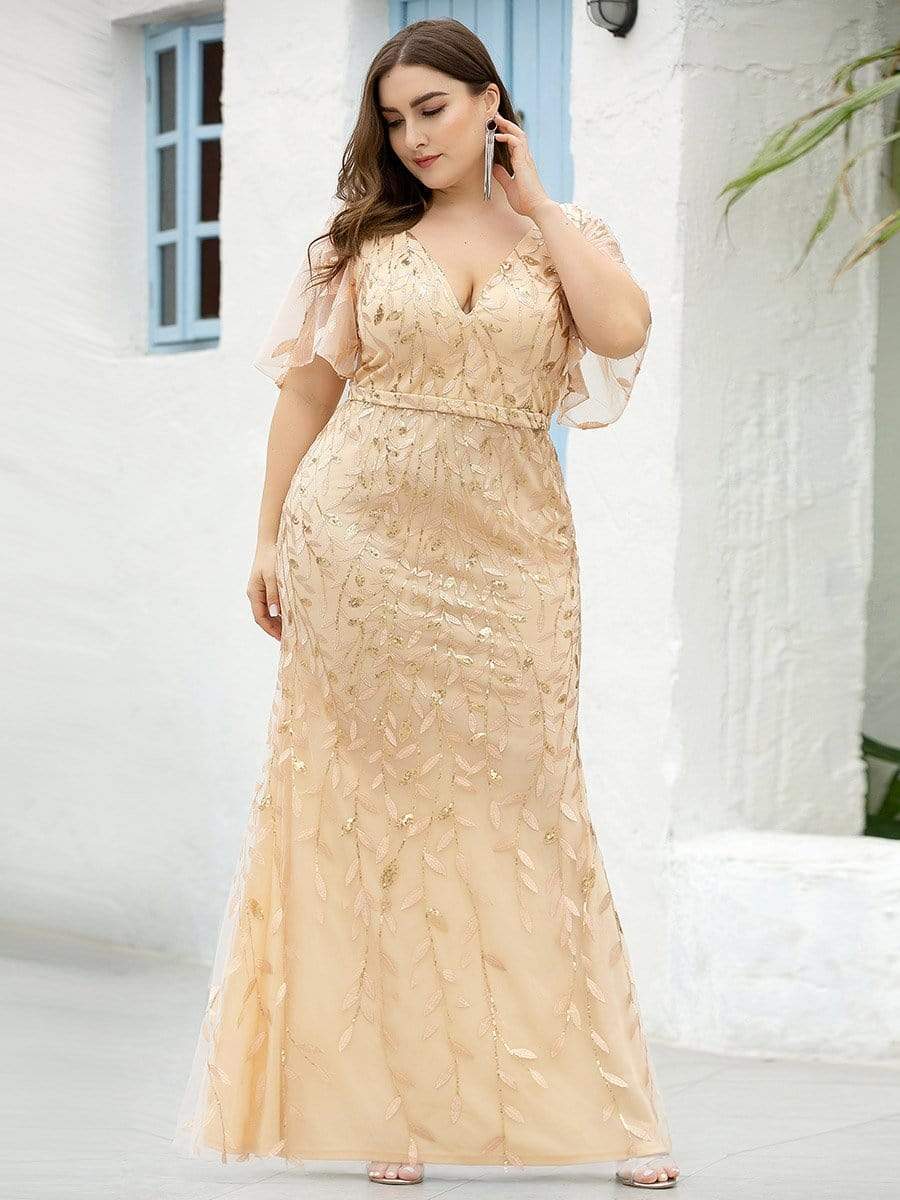 Robe de Soirée Longue Grande Taille Sirène à Pailletée à Col en V #Couleur_Or