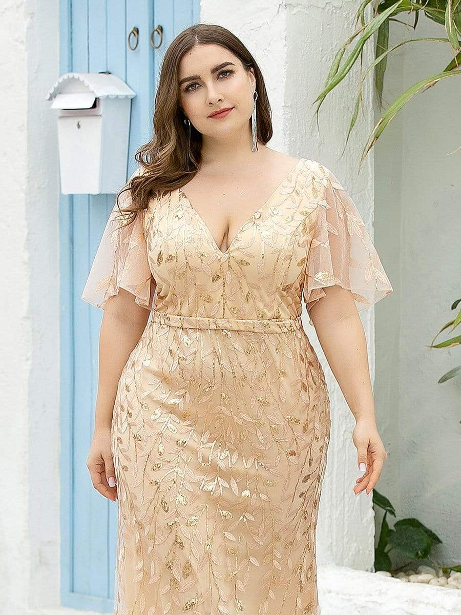 Robe de Soirée Longue Grande Taille Sirène à Pailletée à Col en V #Couleur_Or