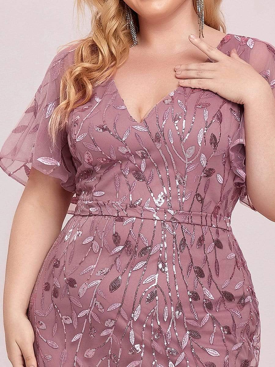 Robe de Soirée Longue Grande Taille Sirène à Pailletée à Col en V #Couleur_Orchidee