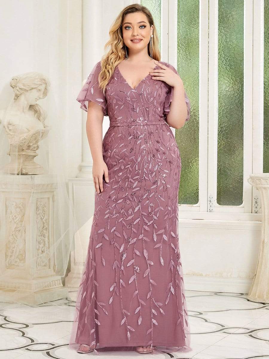 Robe de Soirée Longue Grande Taille Sirène à Pailletée à Col en V #Couleur_Orchidee