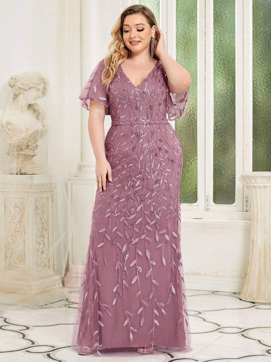 Robe de Soirée Longue Grande Taille Sirène à Pailletée à Col en V #Couleur_Orchidee