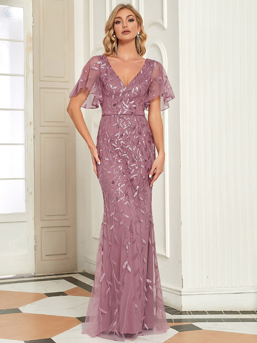 Robe de Soirée Longue Sirène à Pailletée à Col en V Profond #Couleur_Orchidee