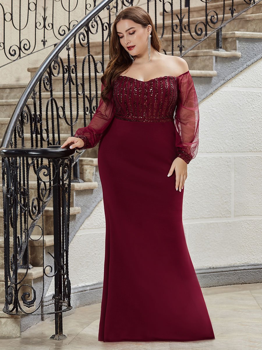 Robe de Soirée Longue Grande Taille Sirène à Sequins Tendance #Couleur_Bordeaux