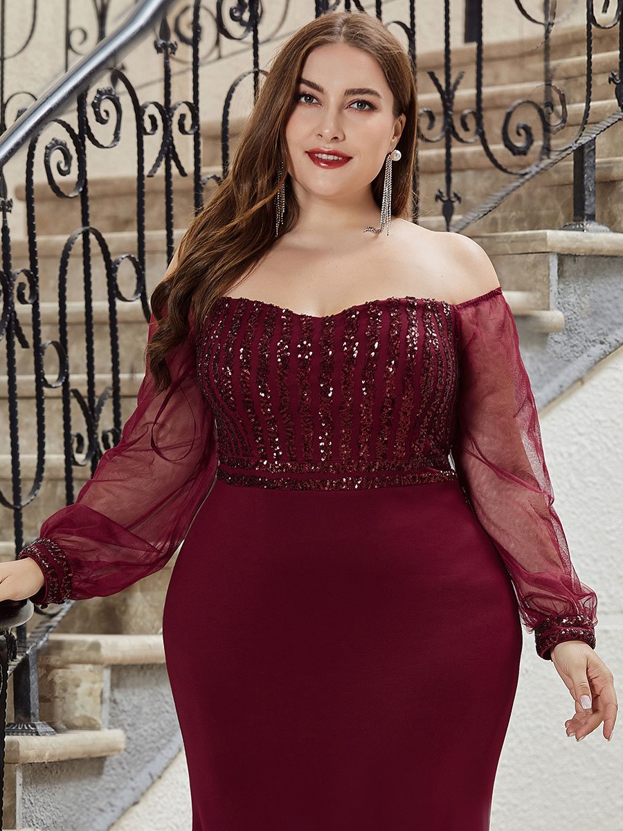 Robe de Soirée Longue Grande Taille Sirène à Sequins Tendance #Couleur_Bordeaux