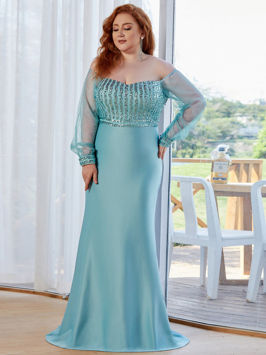 Robe de Soirée Longue Grande Taille Sirène à Sequins Tendance #Couleur_Bleu Fume