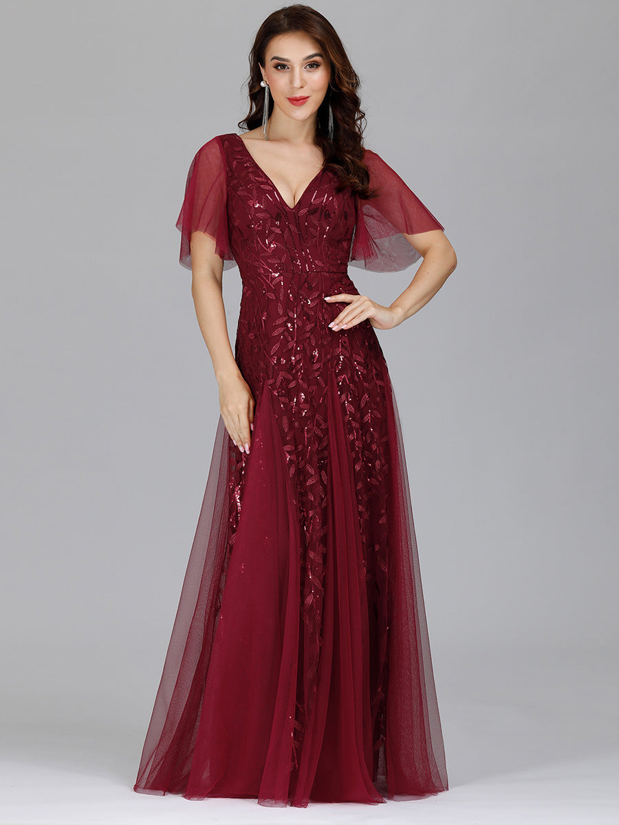 Taille Personnalisée Robe de Soirée Longue Romantique et Scintillante à Col V et Pailletes #couleur_Bordeaux