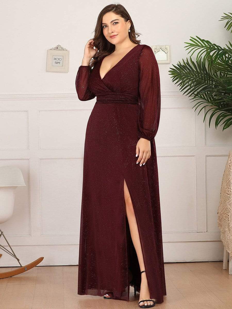 Robe mariage invitée Longue chatoyante à Col en V pour femmes #Couleur_Bordeaux