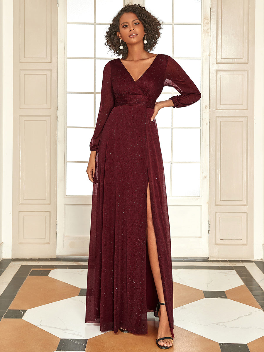 Robe mariage invitée Longue chatoyante à Col en V pour femmes #Couleur_Bordeaux