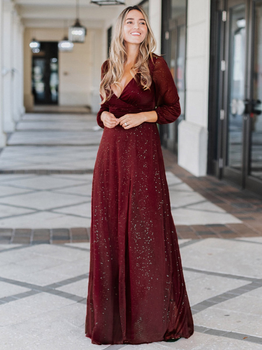 Robe mariage invitée Longue chatoyante à Col en V pour femmes #Couleur_Bordeaux