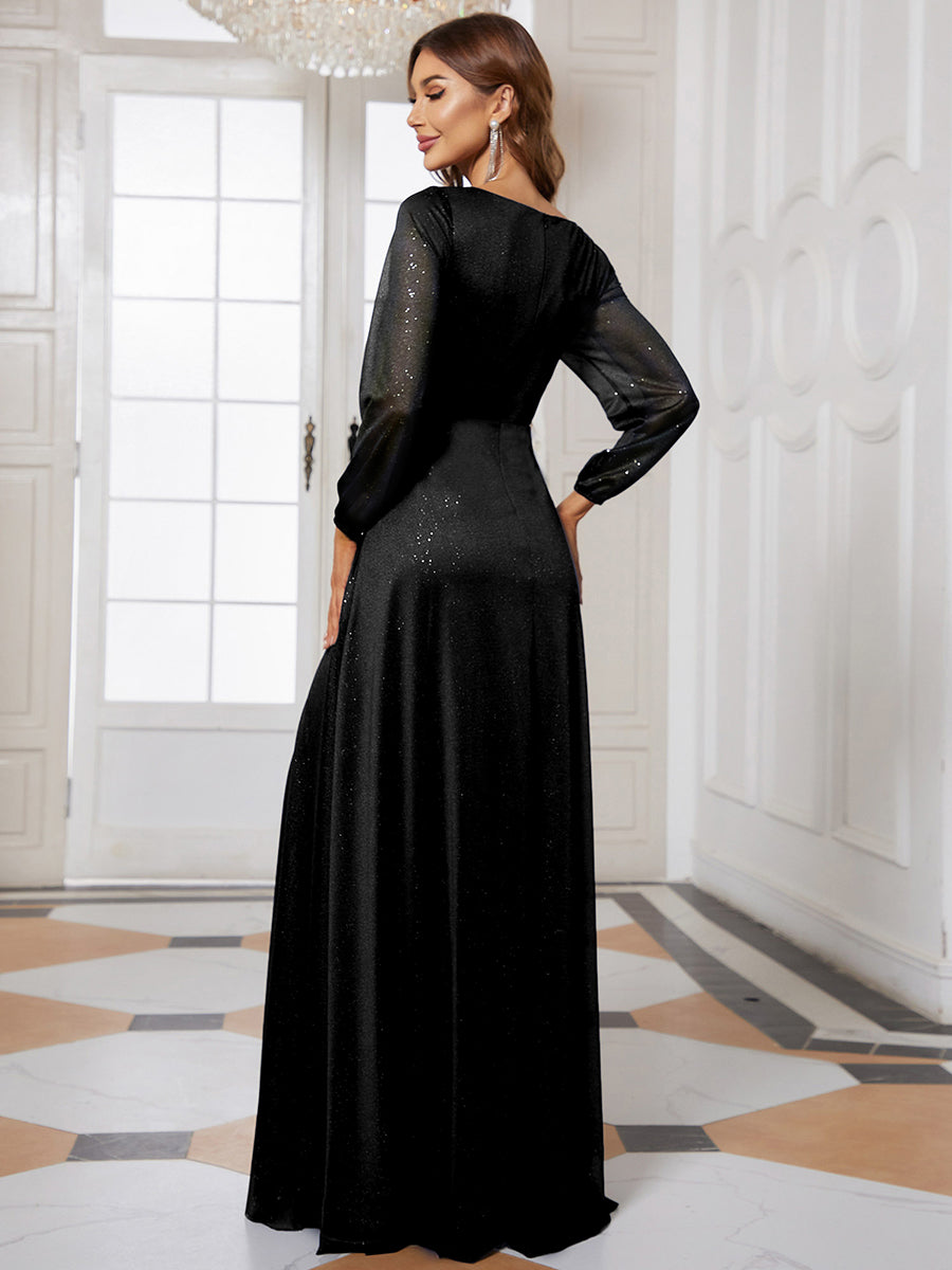 Robe mariage invitée Longue chatoyante à Col en V pour femmes #Couleur_Noir