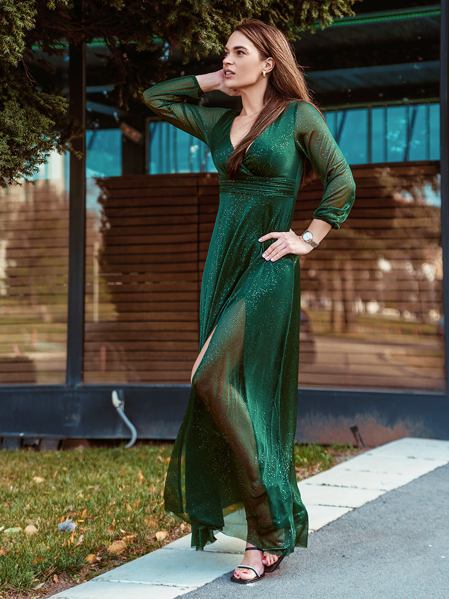 Robe mariage invitée Longue chatoyante à Col en V pour femmes #Couleur_Vert Fonce