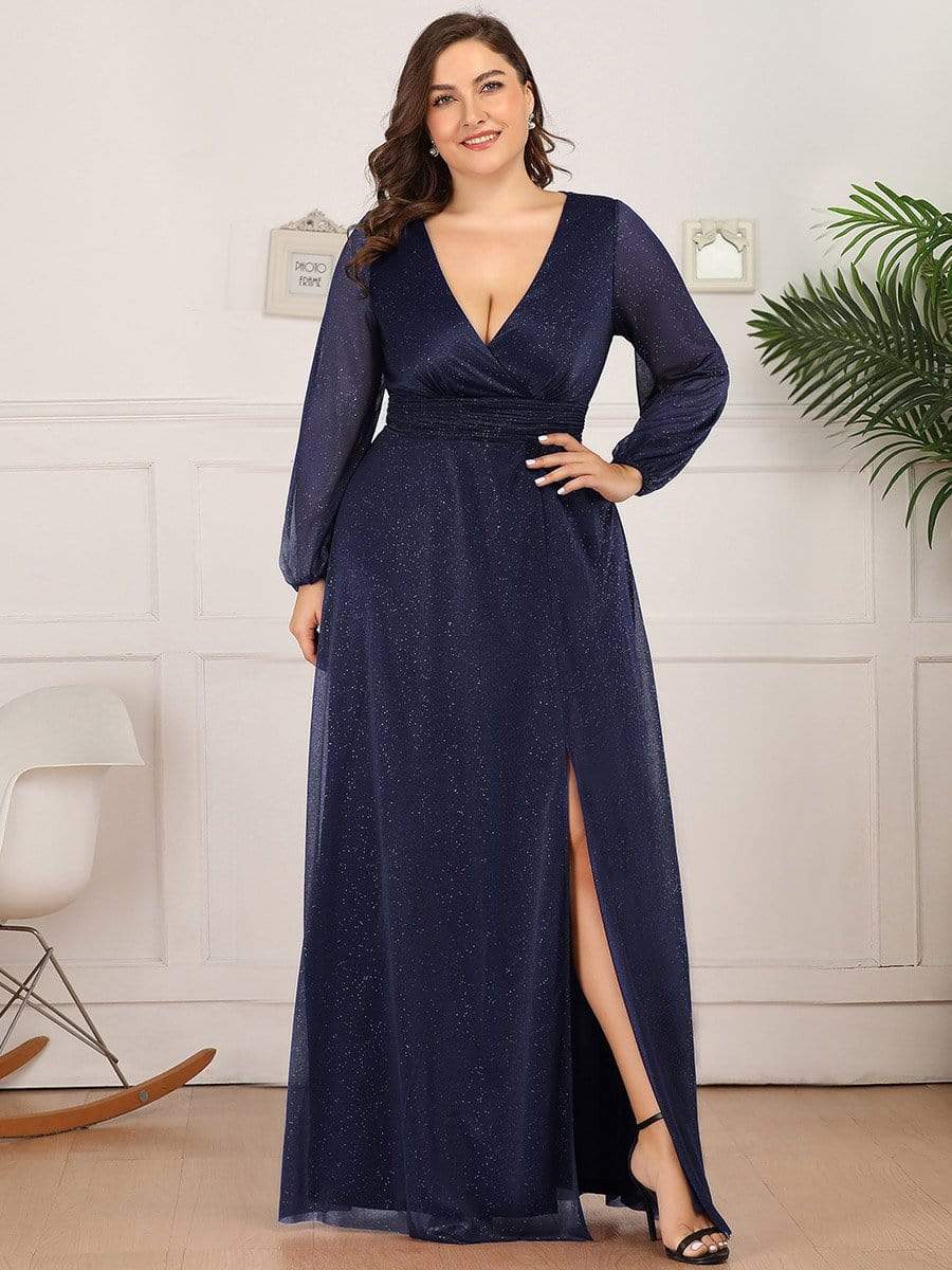 Robe mariage invitée Longue chatoyante à Col en V pour femmes #Couleur_Bleu Marine