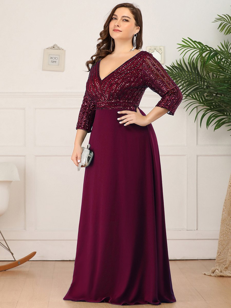 Robe de soirée à paillettes, col V, taille plus, avec manches, décolleté en A #Couleur_Bordeaux