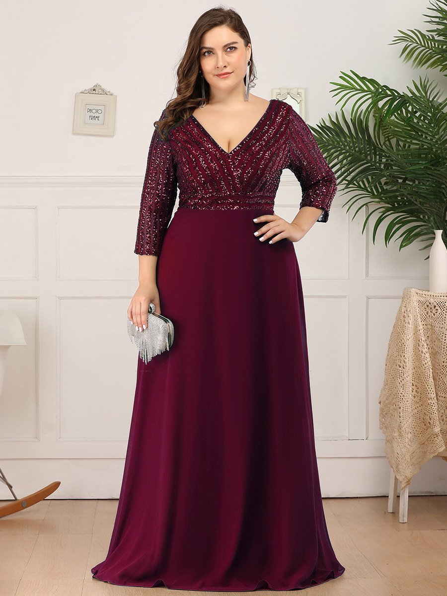 Robe de soirée à paillettes, col V, taille plus, avec manches, décolleté en A #Couleur_Bordeaux